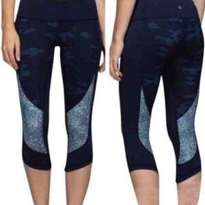 LULULEMON Wunder Under Sz 4 Crop Leggings Sashiko Cross Inkwell Blue Camo Pocket
